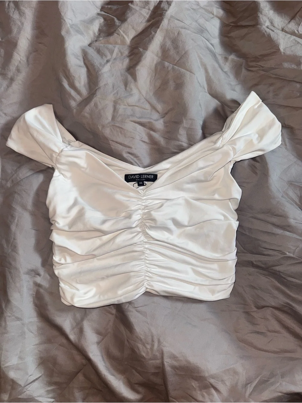David Lerner White Ruched Off Shoulder Crop Top XS